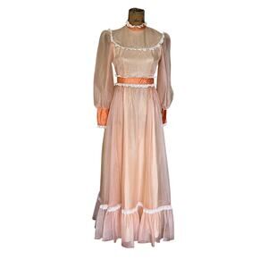 60s 70s Lorrie Deb Peach Chiffon Long Sleeve Full Skirt Maxi Formal Dress S/XS